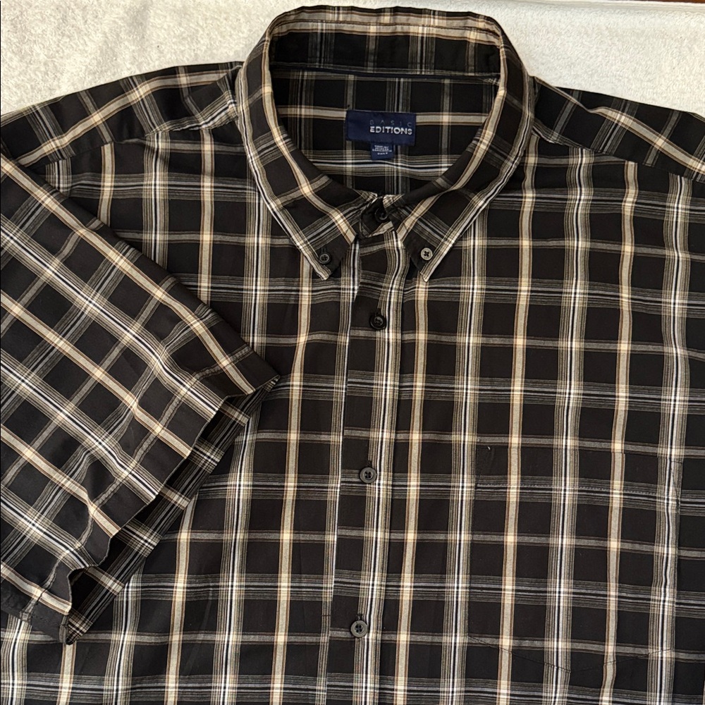 Basic Editions Short Sleeve Plaid Shirt Tall Relaxed Fit Casual Vintage Y2K